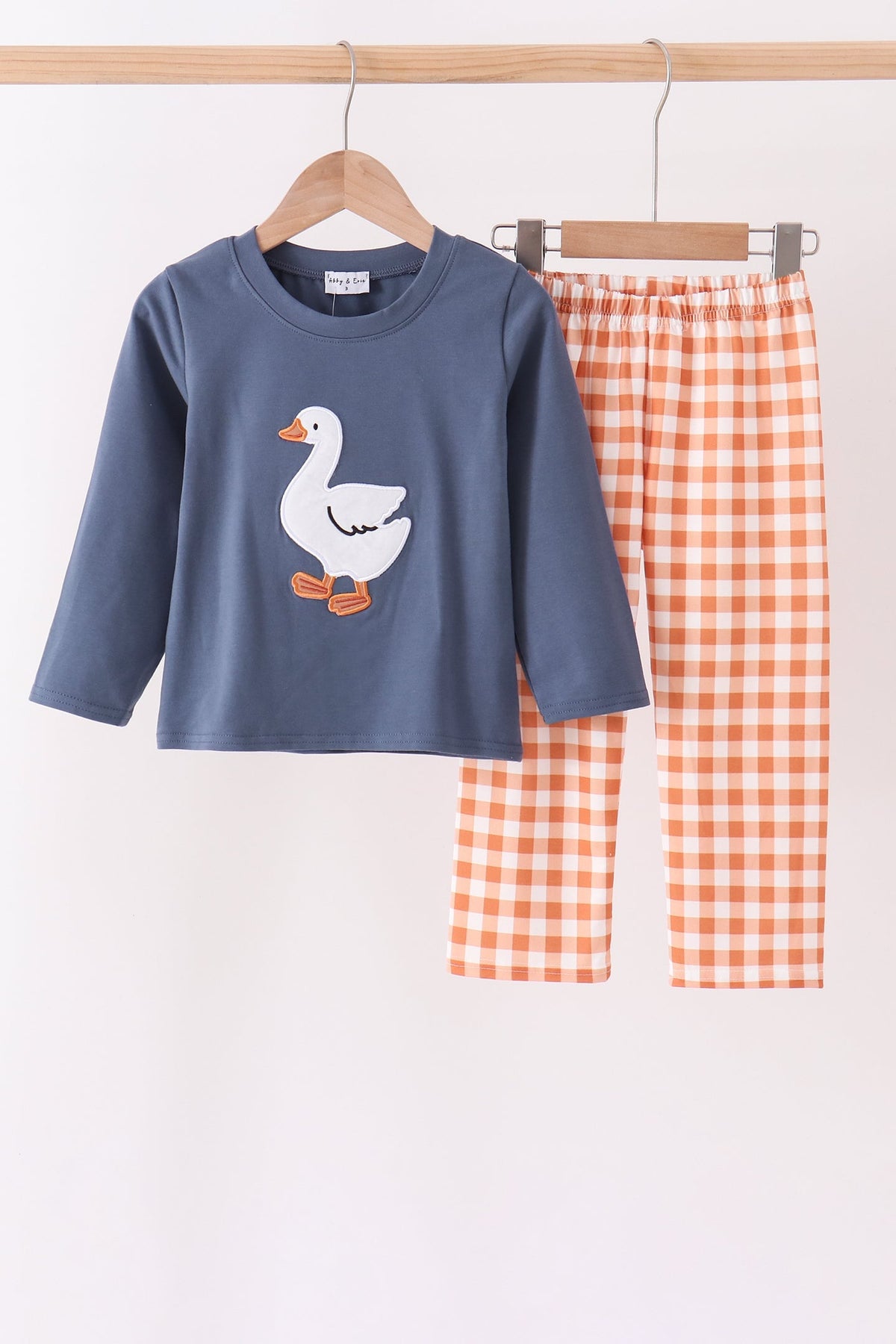 Navy goose applique gingham pants set