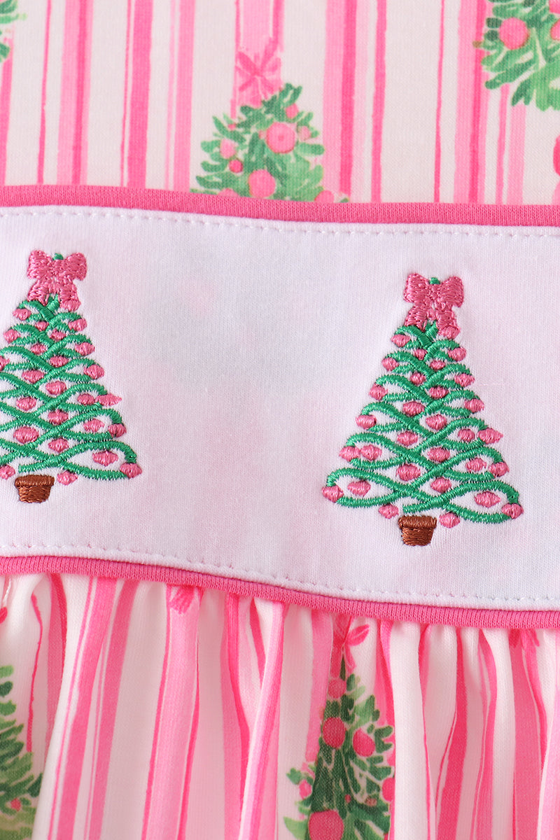 Pink Christmas Tree Embroidery Stripe Pants Set
