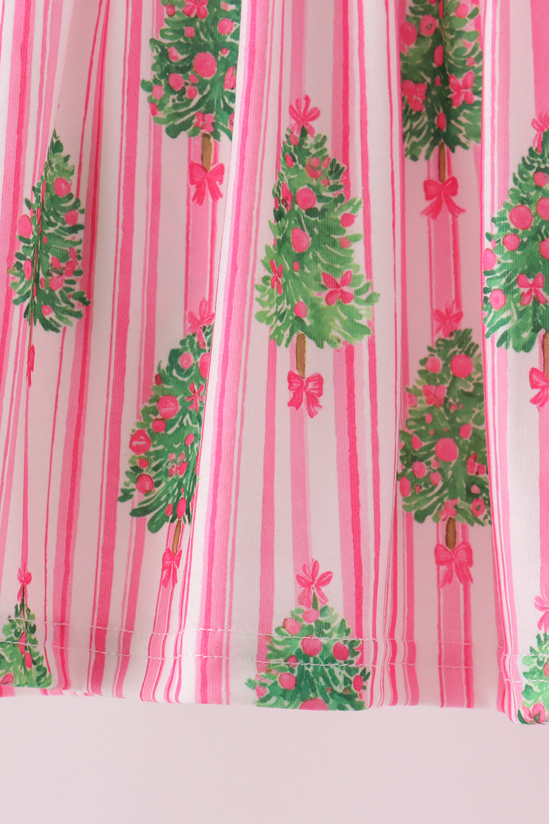 Pink Christmas Tree Embroidery Stripe Pants Set