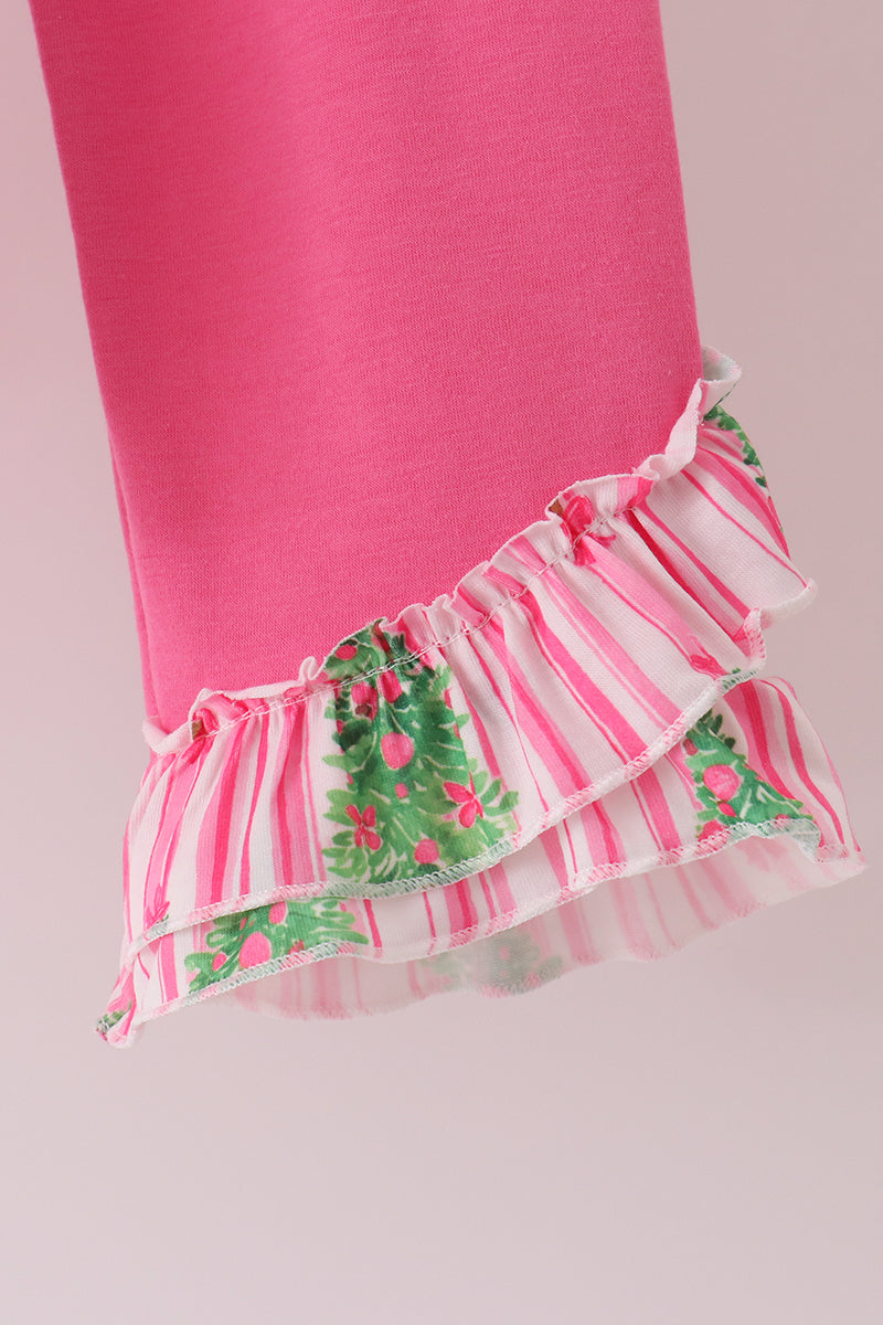Pink Christmas Tree Embroidery Stripe Pants Set