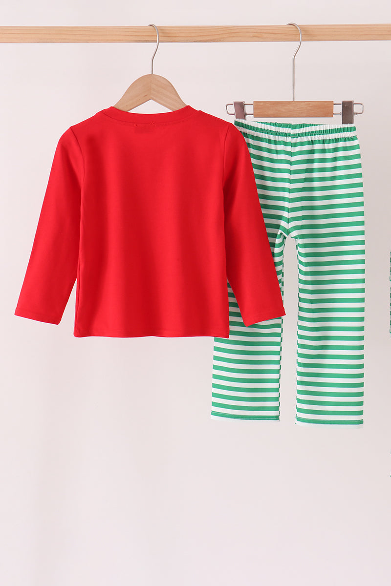 Red Christmas Tree Embroidery Stripe Pants Set